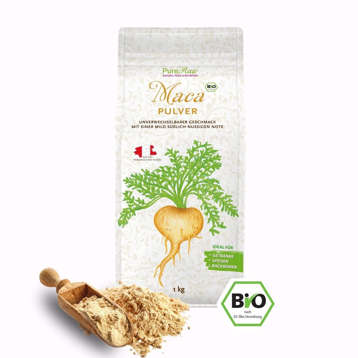 PureRaw Bio Maca Pulver im Beutel mit Maca-Wurzel