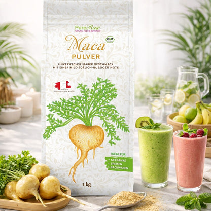 PureRaw Maca Pulver mit grünen und fruchtigen Smoothies