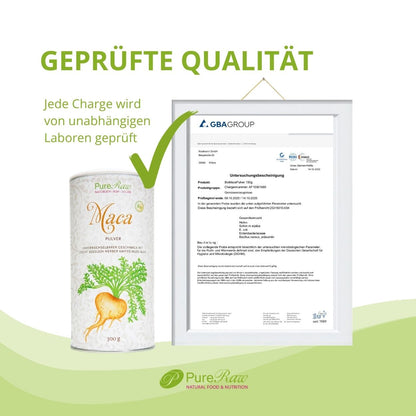Geprüfte Qualität des PureRaw Maca Pulvers mit Laborbericht