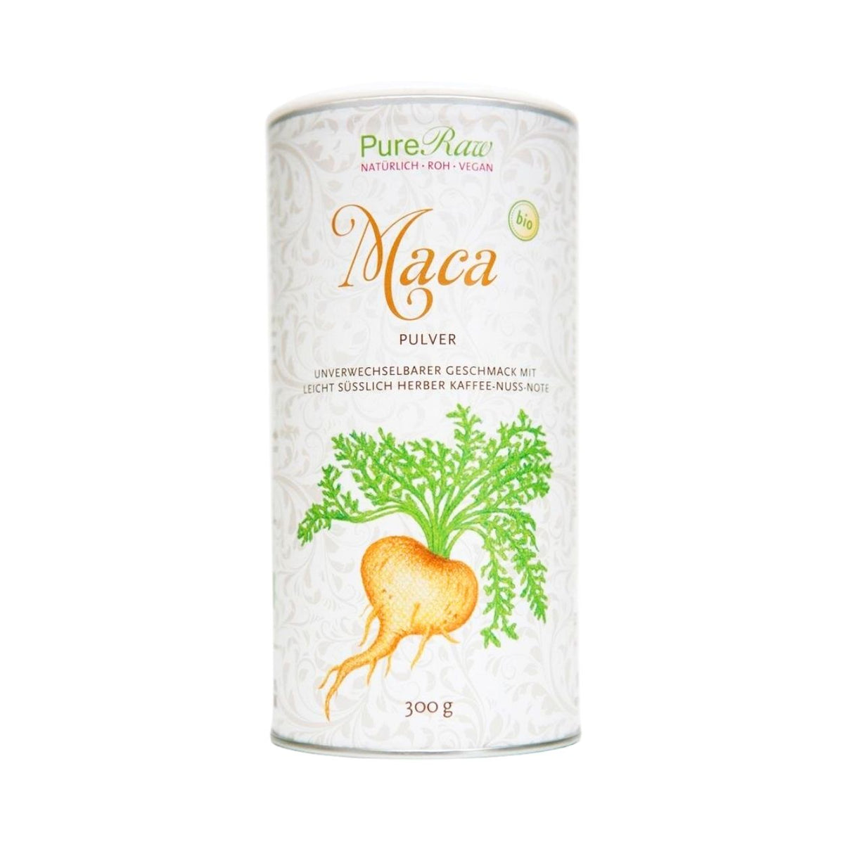PureRaw Maca Pulver in der 300-g-Dose auf weißem Hintergrund