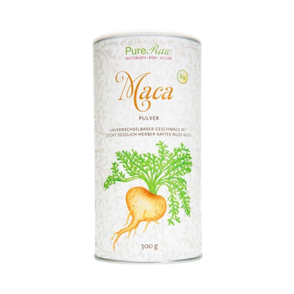 PureRaw Maca Pulver in der 300-g-Dose auf weißem Hintergrund
