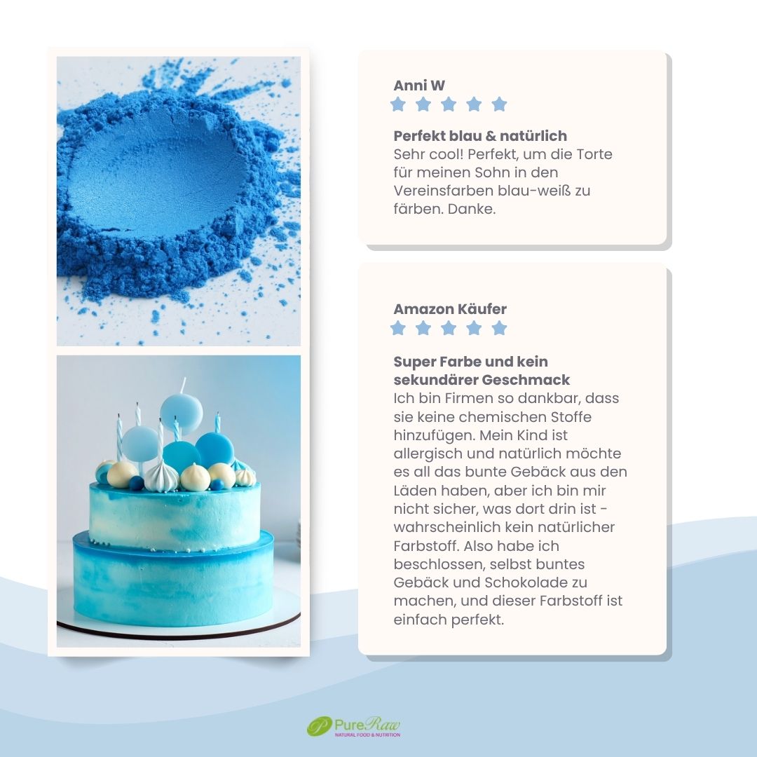Magic Blue Anwendung in blauem Kuchen mit Produktinformationen und Bewertungen
