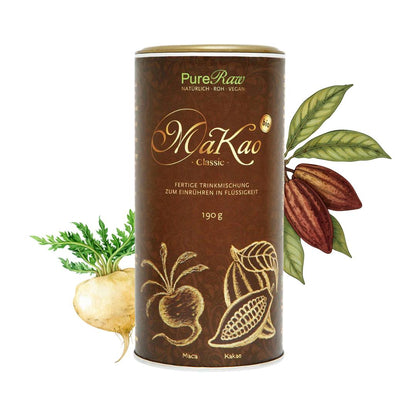 PureRaw MaKao Dose mit Kakao, Maca und weiteren pflanzlichen Zutaten