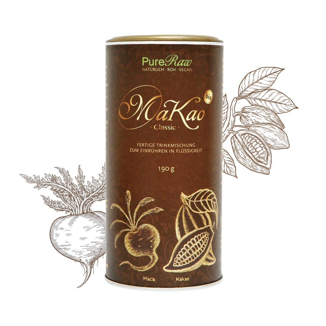 PureRaw MaKao Trinkmischung mit stilisierten Kakao- und Maca-Pflanzen