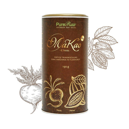 PureRaw MaKao Trinkmischung mit stilisierten Kakao- und Maca-Pflanzen