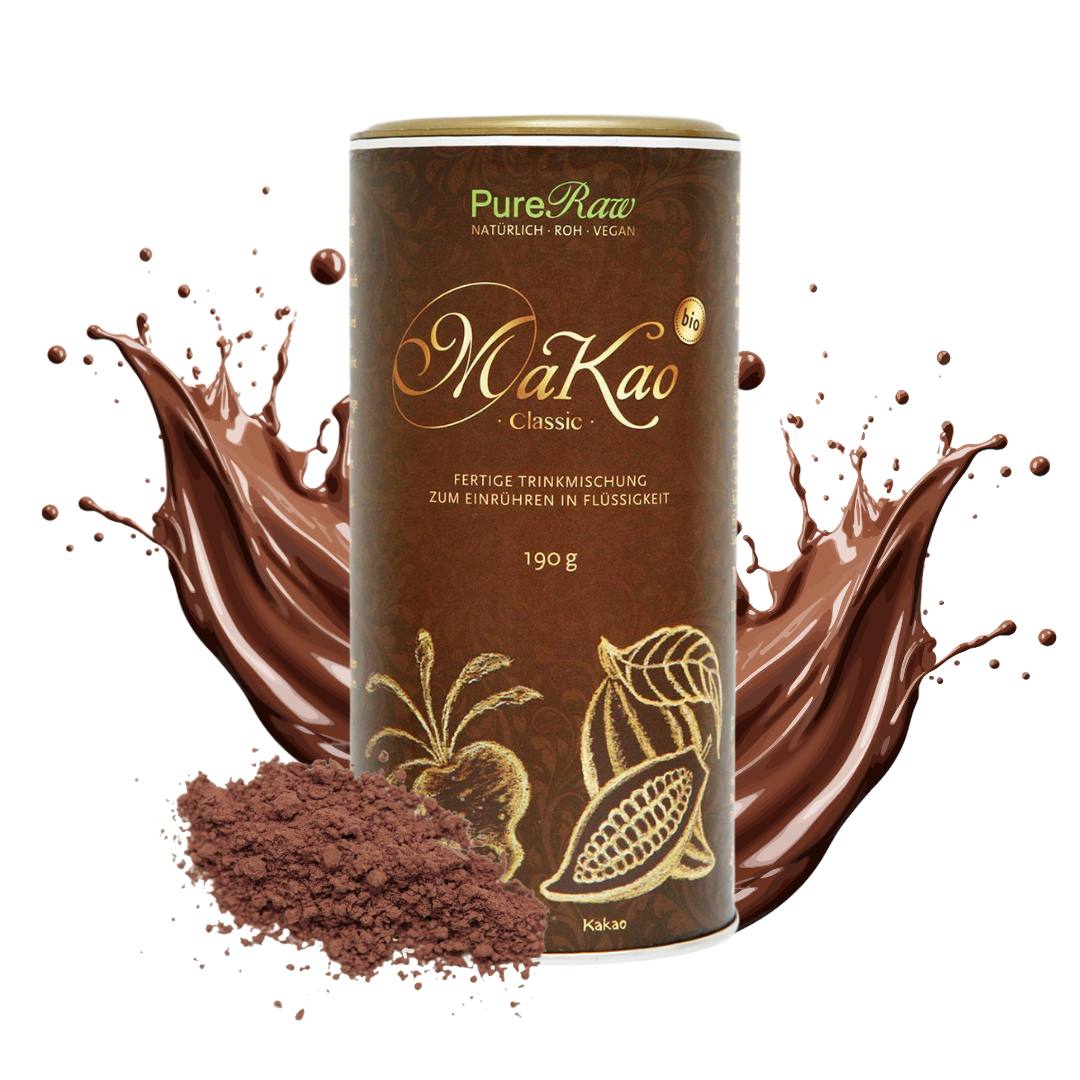 PureRaw MaKao Dose mit Kakaopulver, Kakaobohnen und dynamischem Kakao-Splash