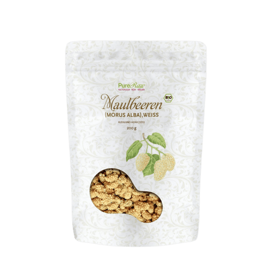 PureRaw weiße Bio-Maulbeeren, 200 g, im weißen Standbodenbeutel mit Sichtfenster auf die getrockneten Früchte.