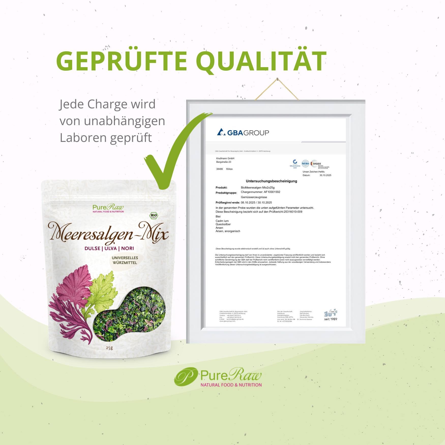 Infografik mit dem Titel „GEPRÜFTE QUALITÄT“ neben einem gerahmten Prüfzertifikat und einer Produktpackung.