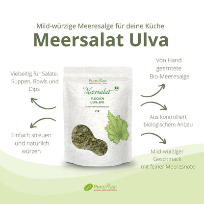 Produktvorteile der Bio Meersalat Flocken aus Ulva mit Angaben zu Geschmack, Herkunft und Verwendung