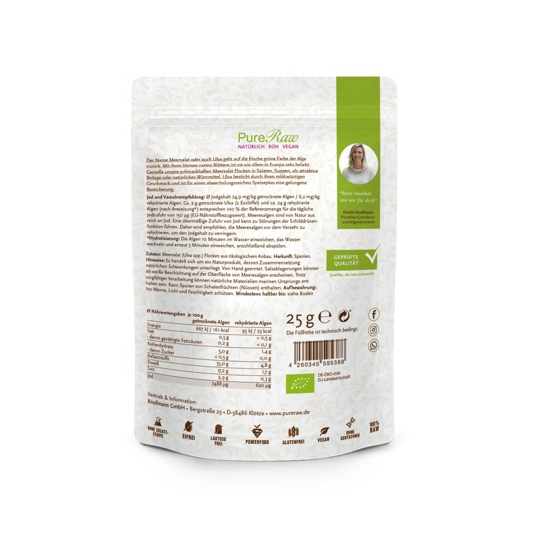 Rückseite der PureRaw Meersalat Verpackung mit Nährwertangaben, Zutaten und Verzehrhinweisen