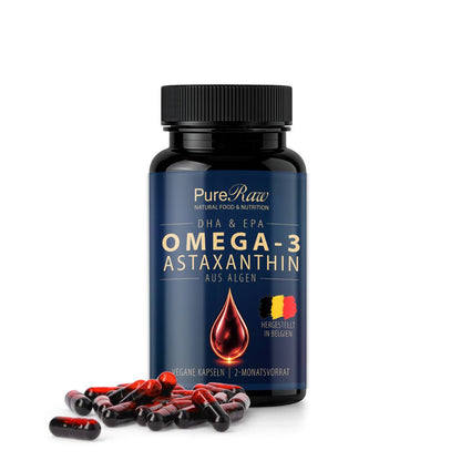 Omega-3 plus Astaxanthin Dose mit roten Astaxanthin-Algen als Produktmotiv