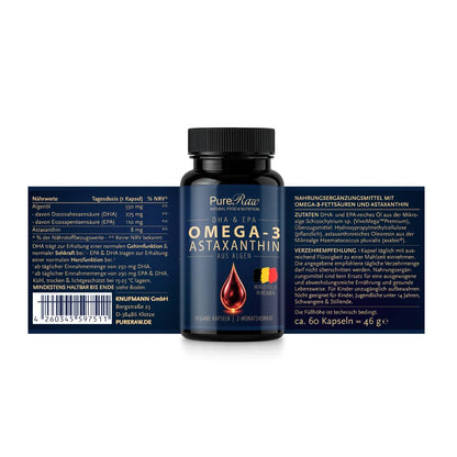 Omega-3 plus Astaxanthin Verpackung mit Vorder-, Rück- und Seitenansicht