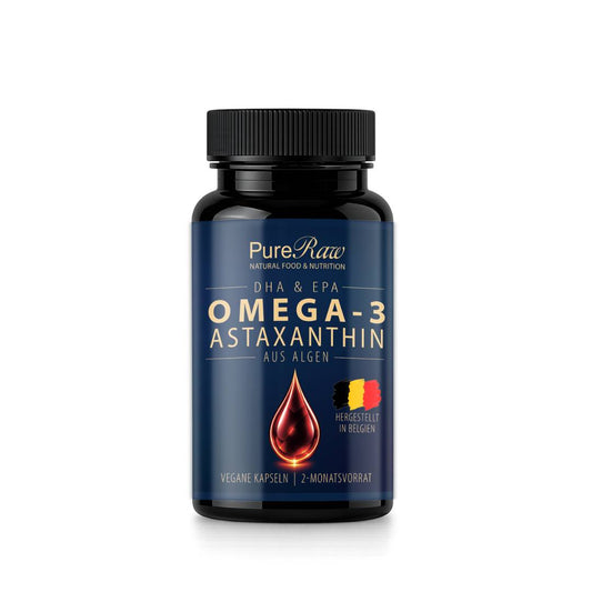 PureRaw Omega-3 plus Astaxanthin Algenöl-Kapseln in schwarzer UV-Schutz-Dose