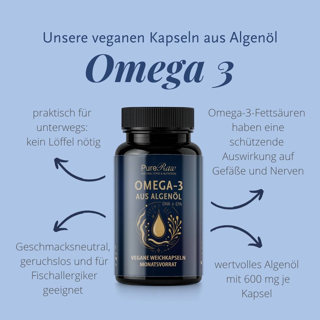 Infografik über Omega-3-Fettsäuren und ihre Bedeutung für Herz, Gehirn und Sehkraft 