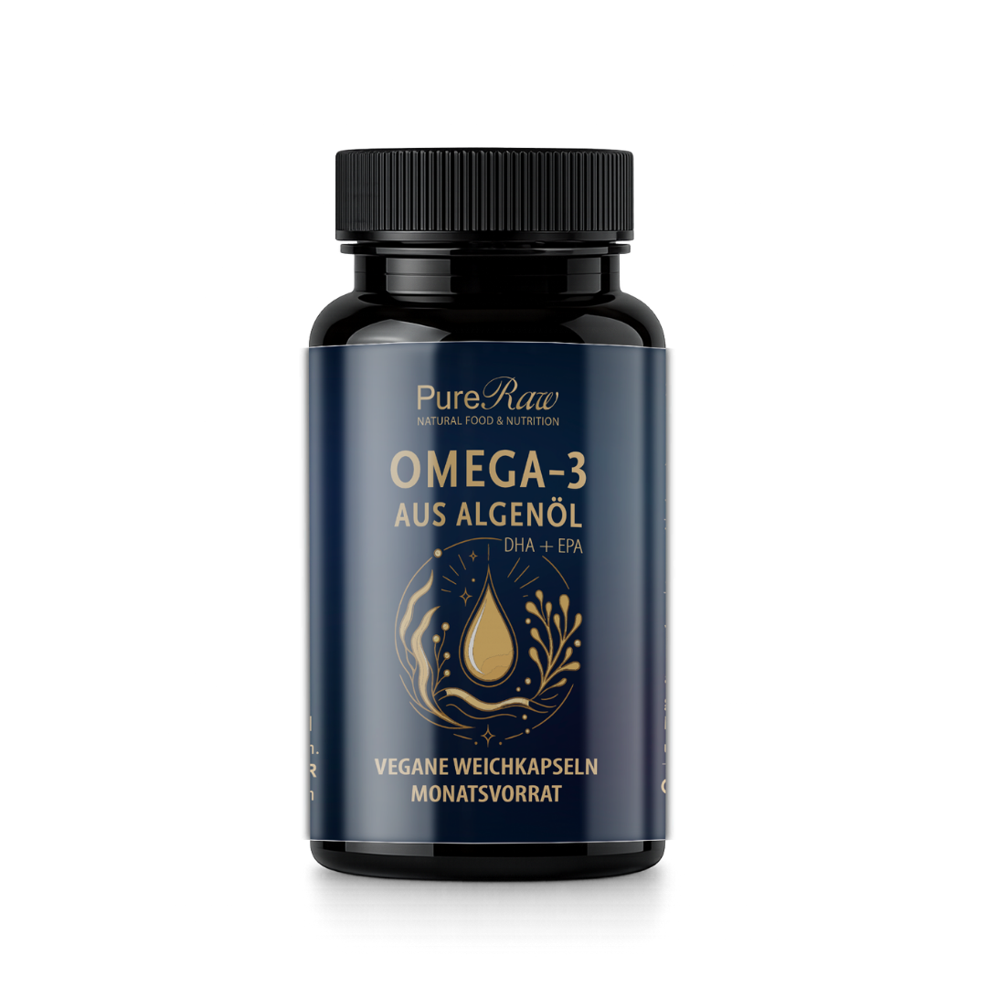 PureRaw Omega-3 aus Algenöl in veganen Weichkapseln im dunklen Braunglas