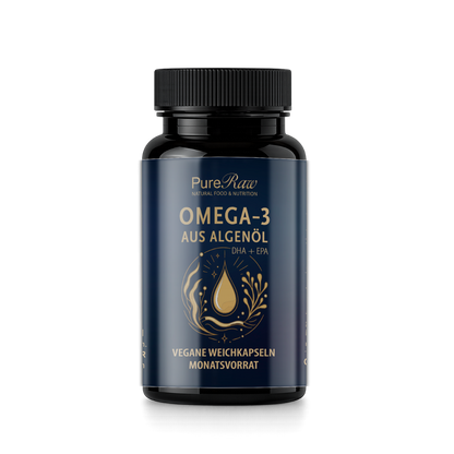 PureRaw Omega-3 aus Algenöl in veganen Weichkapseln im dunklen Braunglas