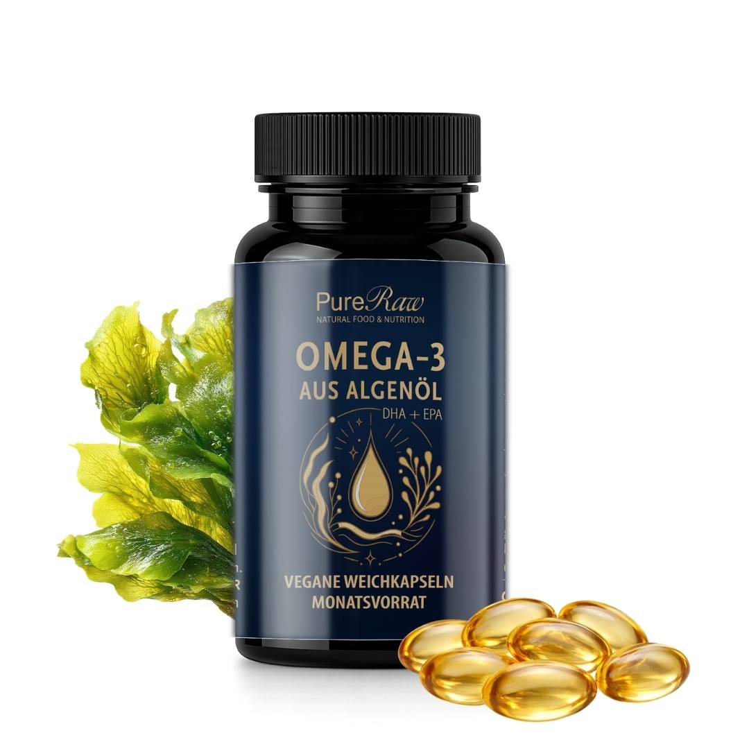 PureRaw Omega-3 aus Algenöl mit goldenen Kapseln und grünen Algen