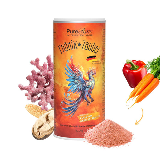 Produkt mit Zutaten: Phönix Zauber von PureRaw mit orangefarbenem Pulver, Baobabfrucht und Kalziumalge vor weißem Hintergrund, mit Farbe aus Karotten und Paprika.
