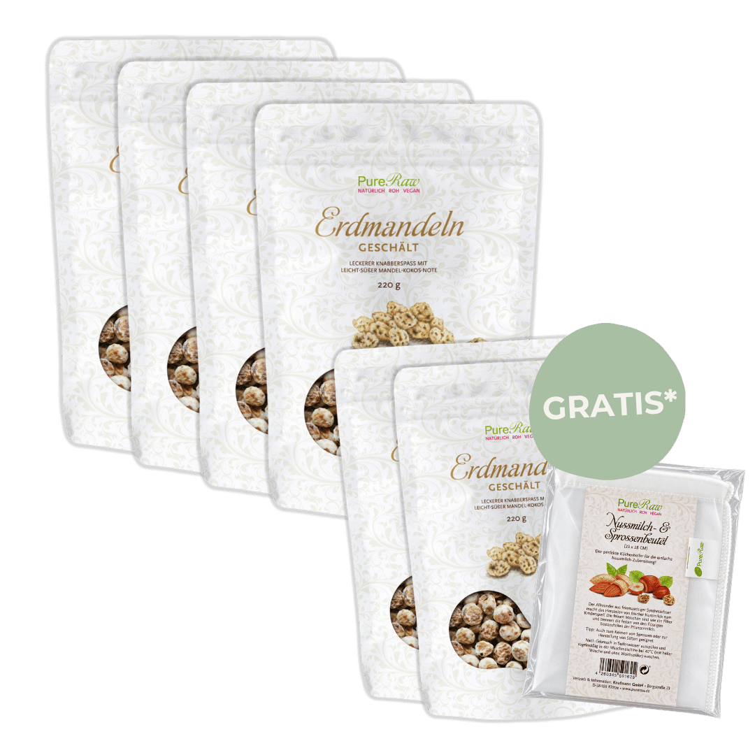 PureRaw Erdmandeldrink-Starter-Set mit sechs Tüten geschälten Erdmandeln und einem Nussmilchbeutel, mit Gratis-Hinweis.