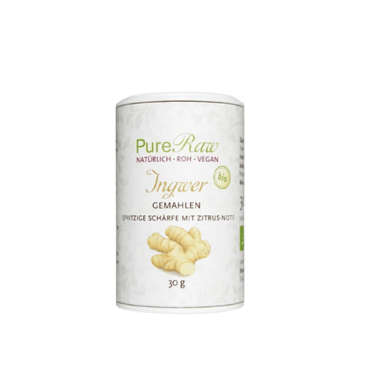 PureRaw Ingwerpulver in der 30-g-Dose auf weißem Hintergrund.