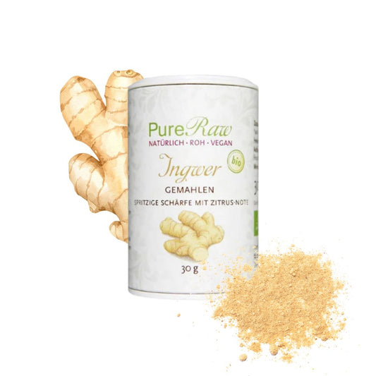 verwendung.jpg	PureRaw Ingwerpulver mit Ingwerwurzel, gemahlenem Pulver und Informationen zu Aroma und Verwendung.