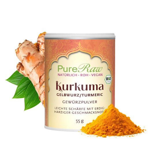 Infografik zu PureRaw Bio-Kurkumapulver mit Produktdose, frischer Kurkumawurzel und gemahlenem Pulver.