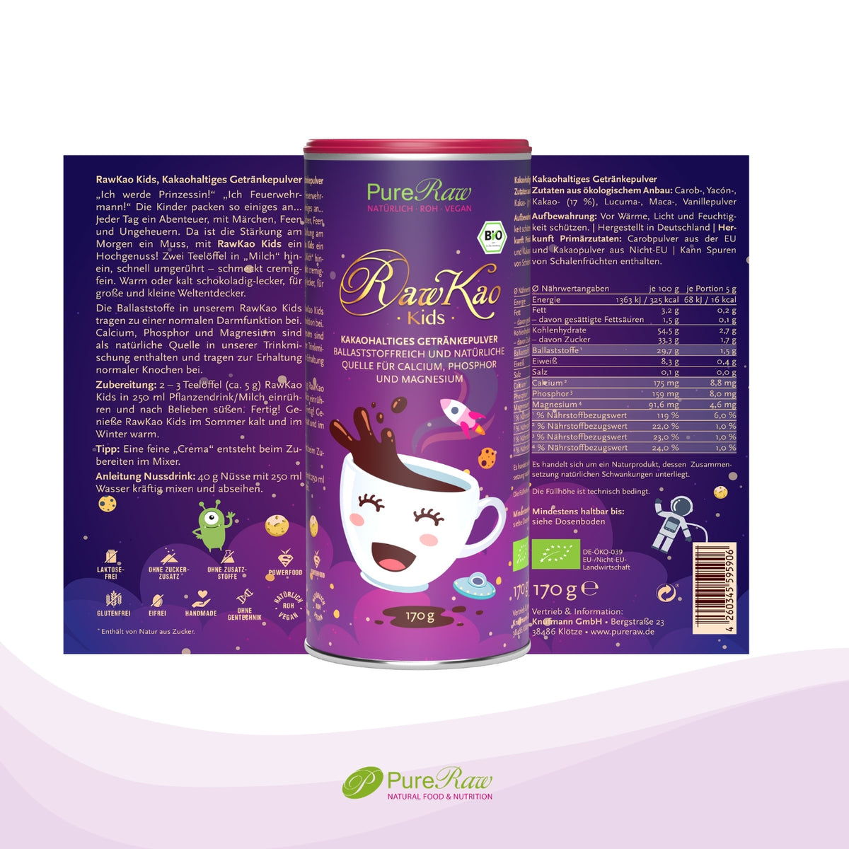 Verpackungsansichten und Produktinformationen der RawKao Kids Trinkschokolade