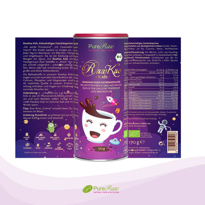 Verpackungsansichten und Produktinformationen der RawKao Kids Trinkschokolade