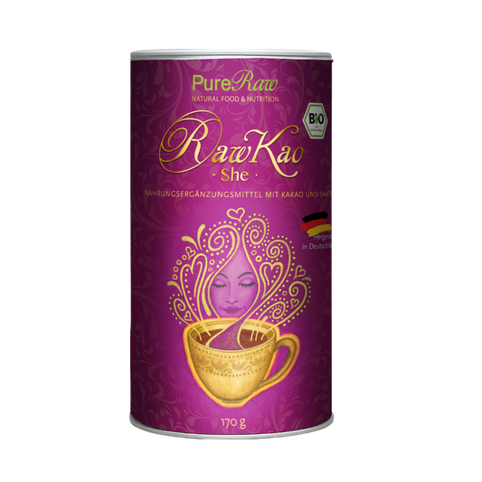 PureRaw RawKao She Bio-Kakaomischung mit Shatavari in der 170-g-Dose