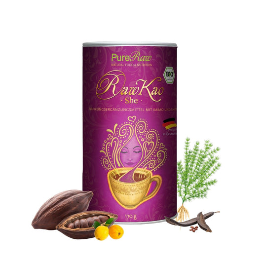 RawKao She mit Kakaobohnen, Lucuma, Carob und Shatavari