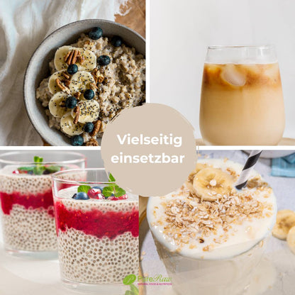 Reishi Latte vielseitig verwendet in Smoothie, Chia-Pudding, Porridge und Gebäck