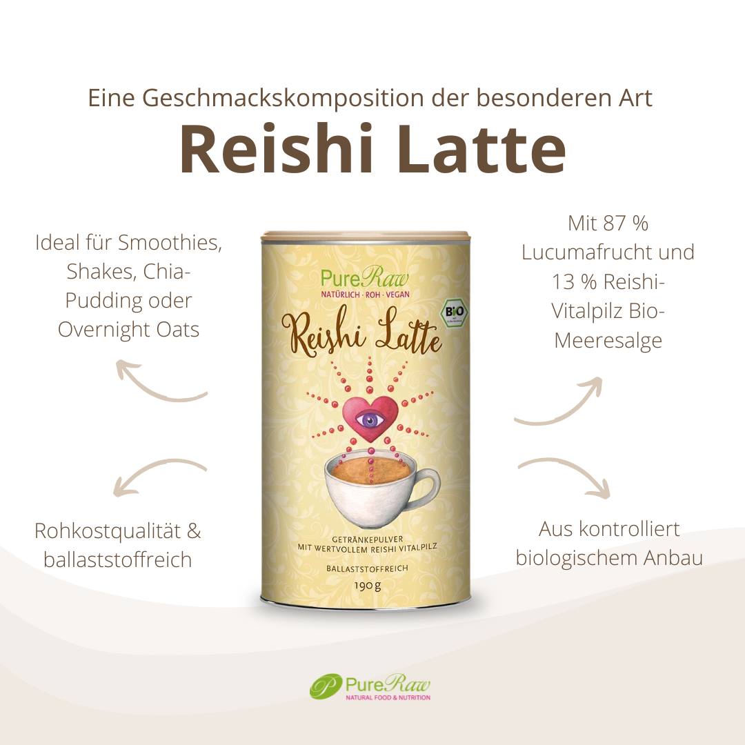 PureRaw Reishi Latte mit 87 Prozent Lucuma und 13 Prozent Reishi-Vitalpilzpulver