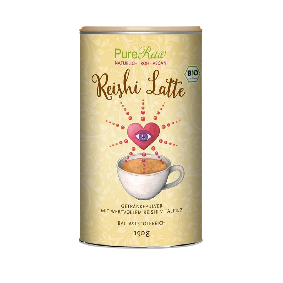 PureRaw Reishi Latte Bio Getränkepulver in der 190-g-Dose freigestellt
