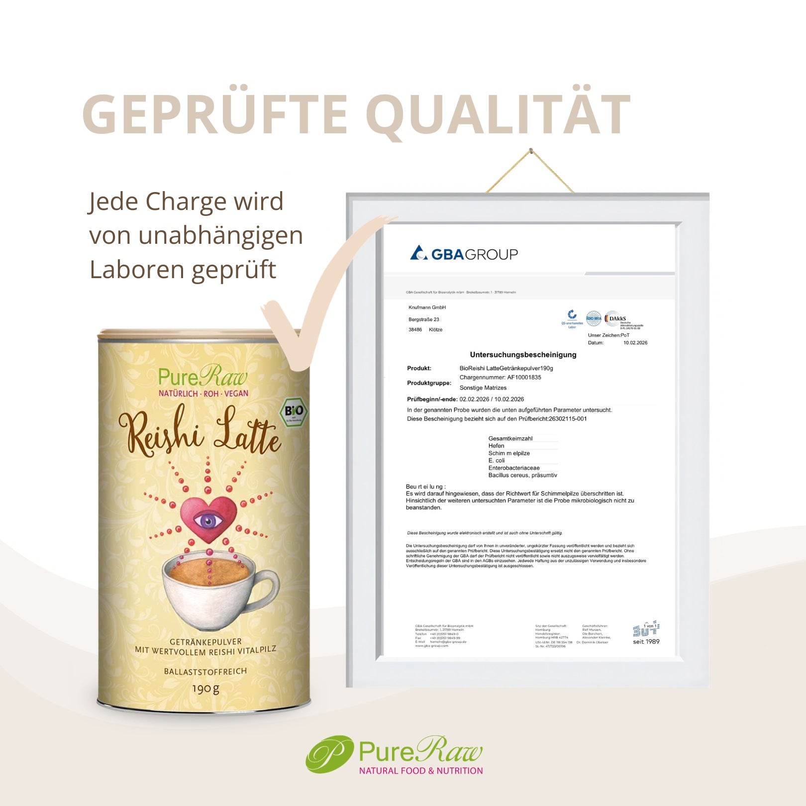 PureRaw Reishi Latte Bio mit Laborbericht zur geprüften Qualität