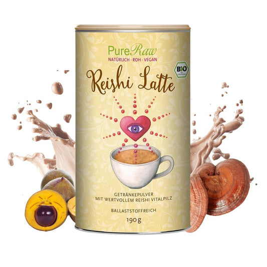 PureRaw Reishi Latte Bio mit Reishi und Lucuma als cremige, koffeinfreie Trinkmischung