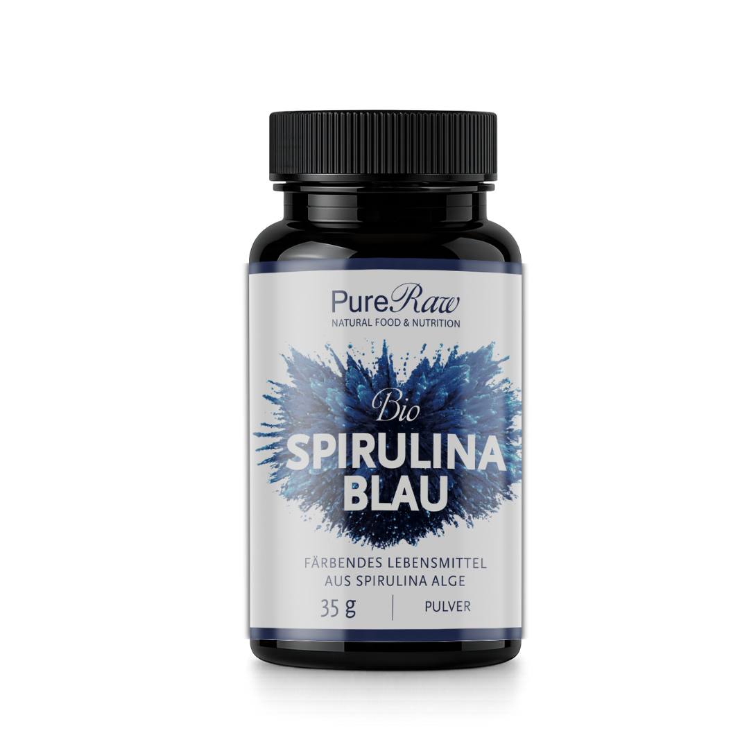 Bio Spirulina Blau Pulver von PureRaw in schwarzer 35-g-Dose