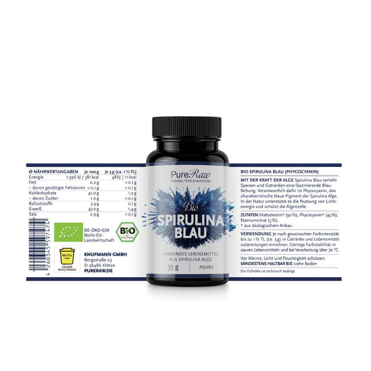 Bio Spirulina Blau Pulver mit Vorder- und Rückansicht der Verpackung