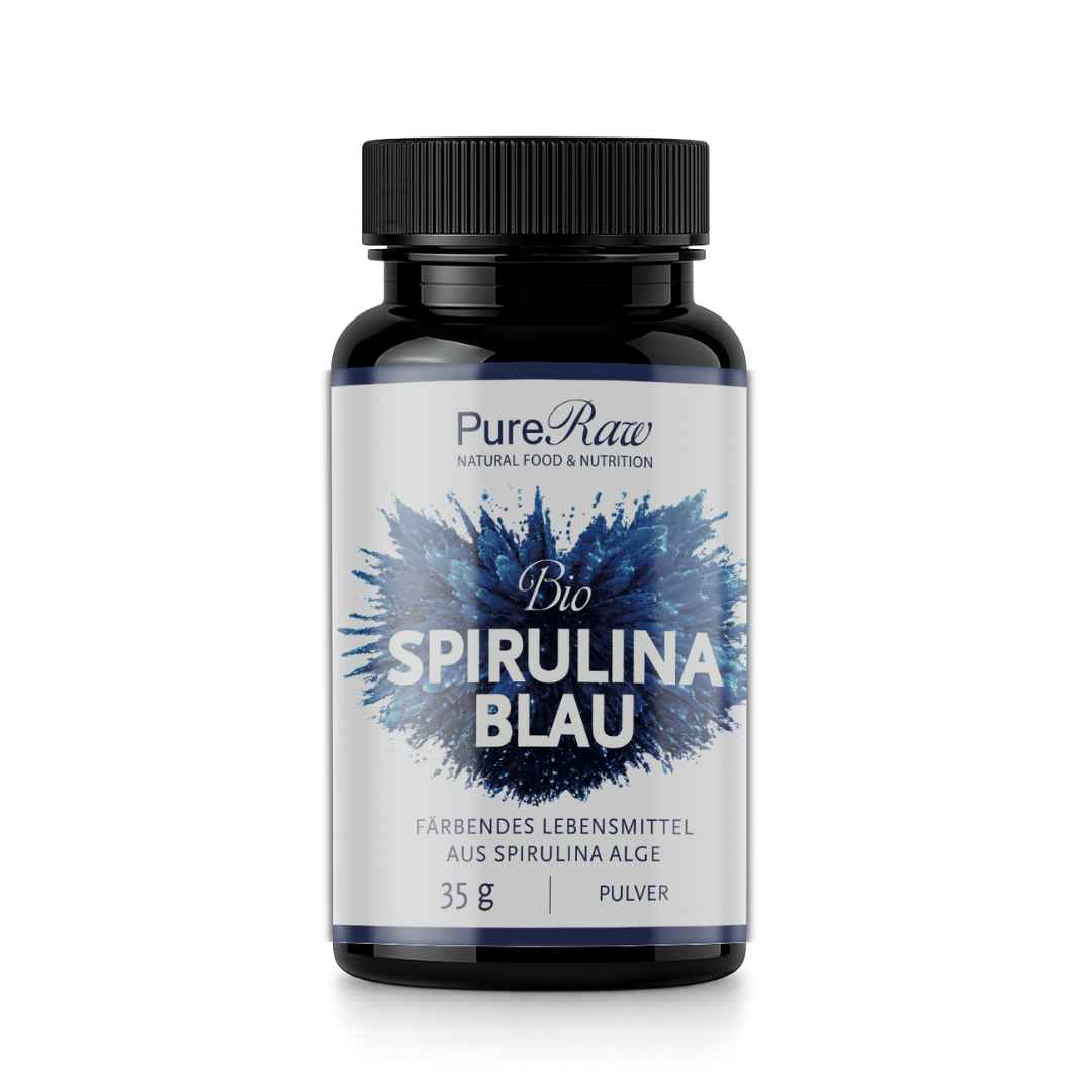 Bio Spirulina Blau Pulver von PureRaw in schwarzer 35-g-Dose frei
