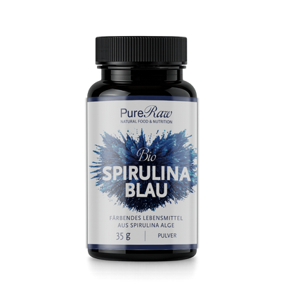 Bio Spirulina Blau Pulver von PureRaw in schwarzer 35-g-Dose frei
