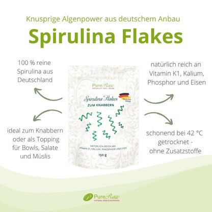 PureRaw Spirulina Flakes aus Deutschland mit Nährstoffen, Verwendung und Produktvorteilen