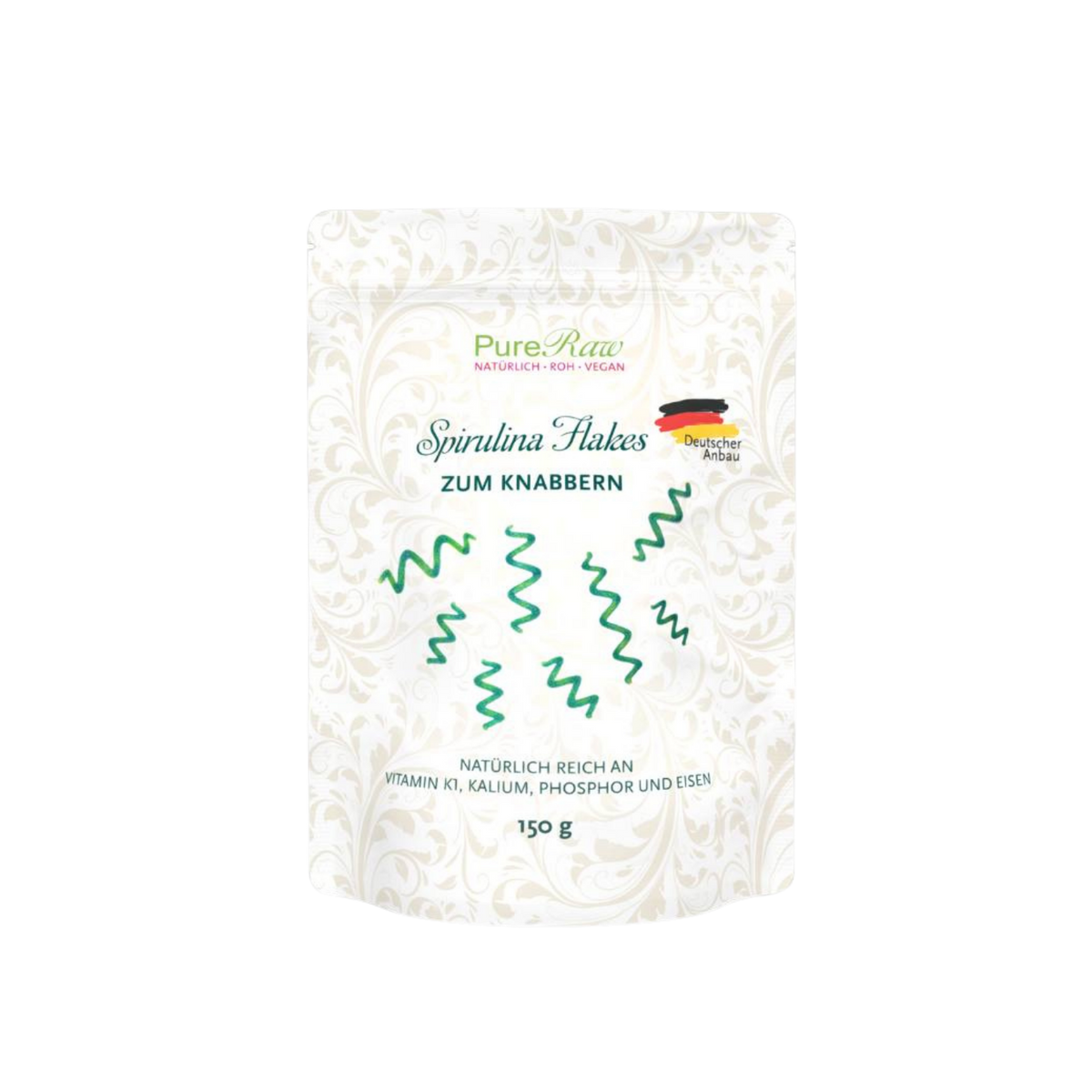 PureRaw Spirulina Flakes aus Deutschland im 150-g-Standbeutel