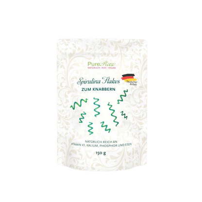 PureRaw Spirulina Flakes aus Deutschland im 150-g-Standbeutel