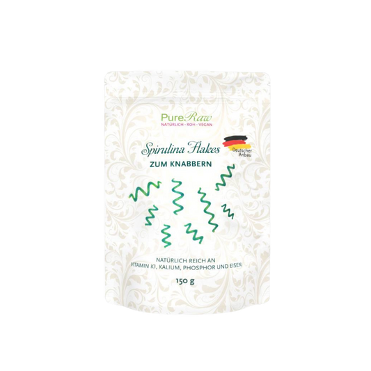 PureRaw Spirulina Flakes aus Deutschland im 150-g-Standbeutel