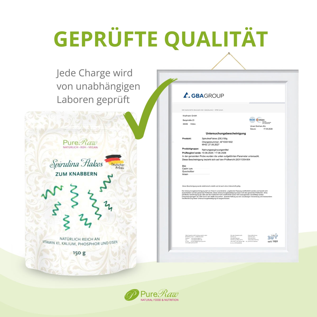 PureRaw Spirulina Flakes mit Laborbericht zur geprüften Qualität