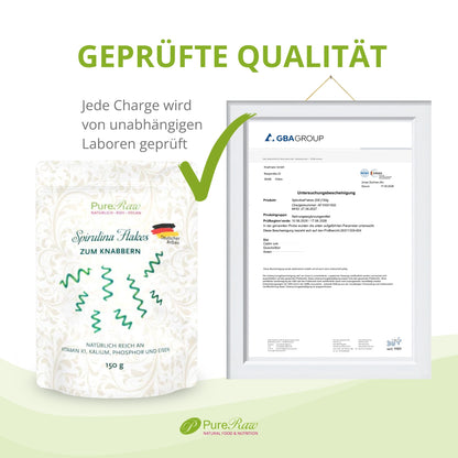 PureRaw Spirulina Flakes mit Laborbericht zur geprüften Qualität