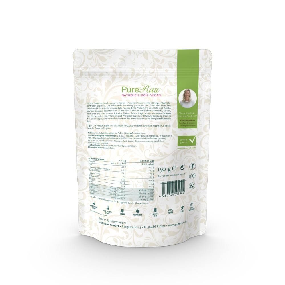Rückseite des PureRaw Spirulina-Flakes-Beutels mit Zutaten und Nährwertangaben