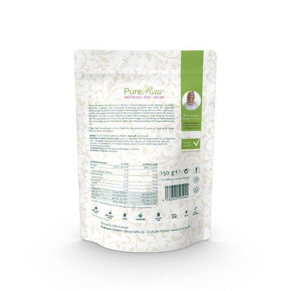 Rückseite des PureRaw Spirulina-Flakes-Beutels mit Zutaten und Nährwertangaben