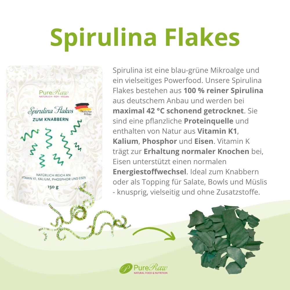 PureRaw Spirulina Flakes aus Deutschland mit Informationen zu Anbau, Nährstoffen und Verwendung