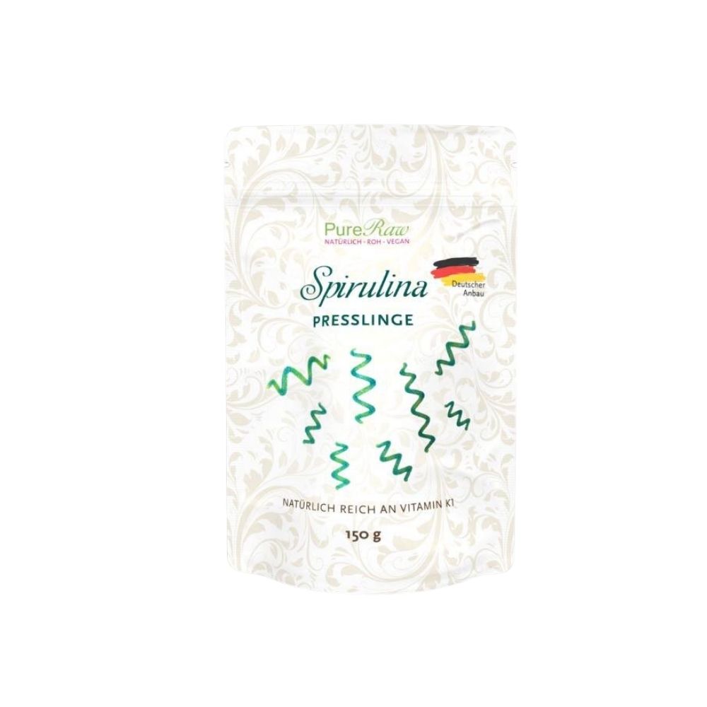 PureRaw Spirulina Presslinge aus Deutschland im 150-g-Standbodenbeutel