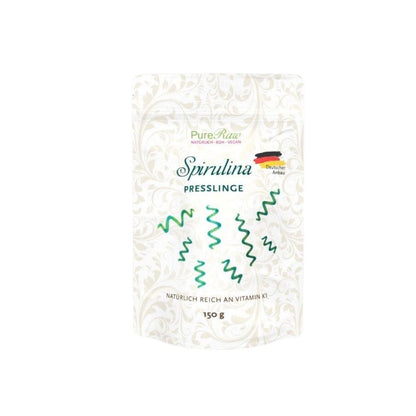 PureRaw Spirulina Presslinge aus Deutschland im 150-g-Standbodenbeutel